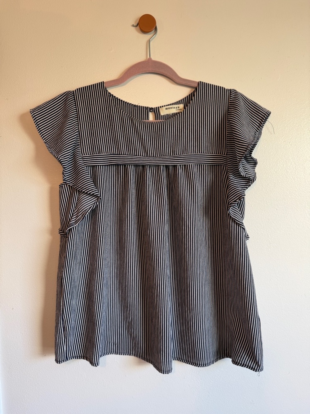 Navy Blue & White Stripe Ruffle Sleeve Top
